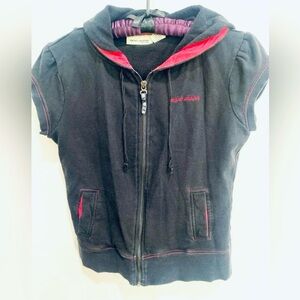 DKNY JEANS Vintage Y2K Dusty Black & Pink Short Sleeve Zipper Hoodie Pockets Med